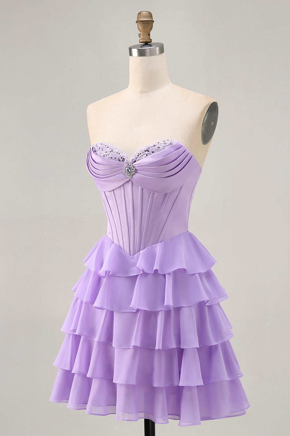 Purple Corset Tiered Ruffle Strapless A-Line Homecoming Dress