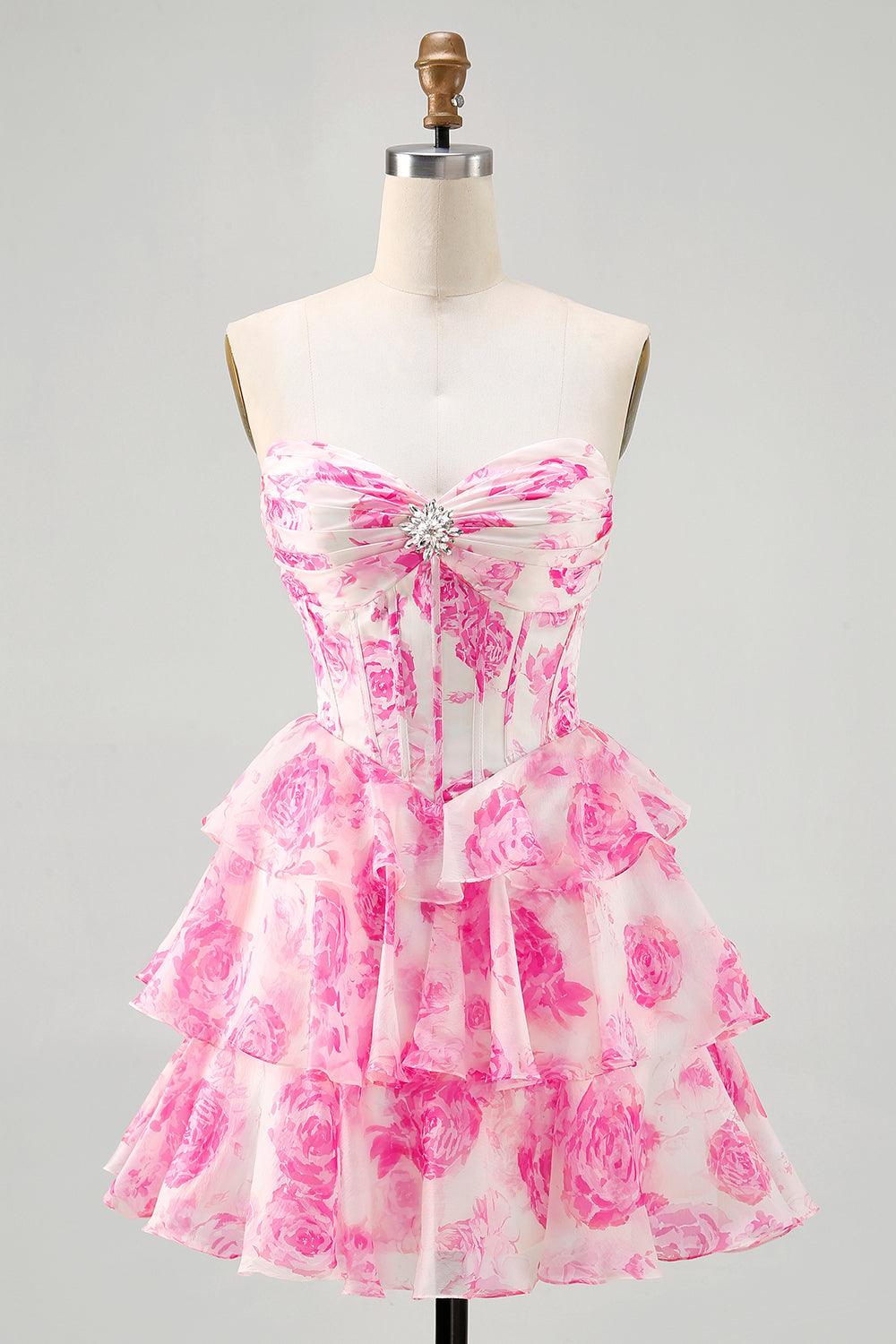White Blue Flower A-Line Corset Strapless Homecoming Dress With Ruffles