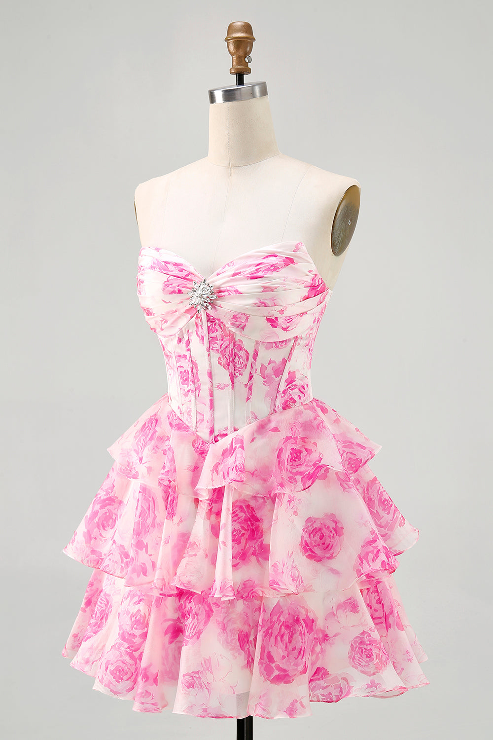 Corset A-Line Sweetheart Tiered White Blue Floral Homecoming Dress