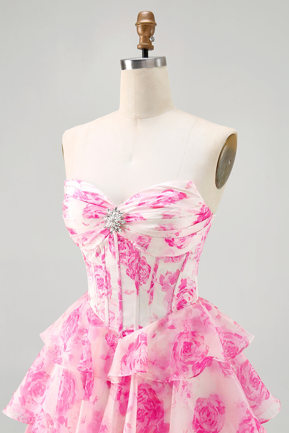 Corset A-Line Sweetheart Tiered White Blue Floral Homecoming Dress