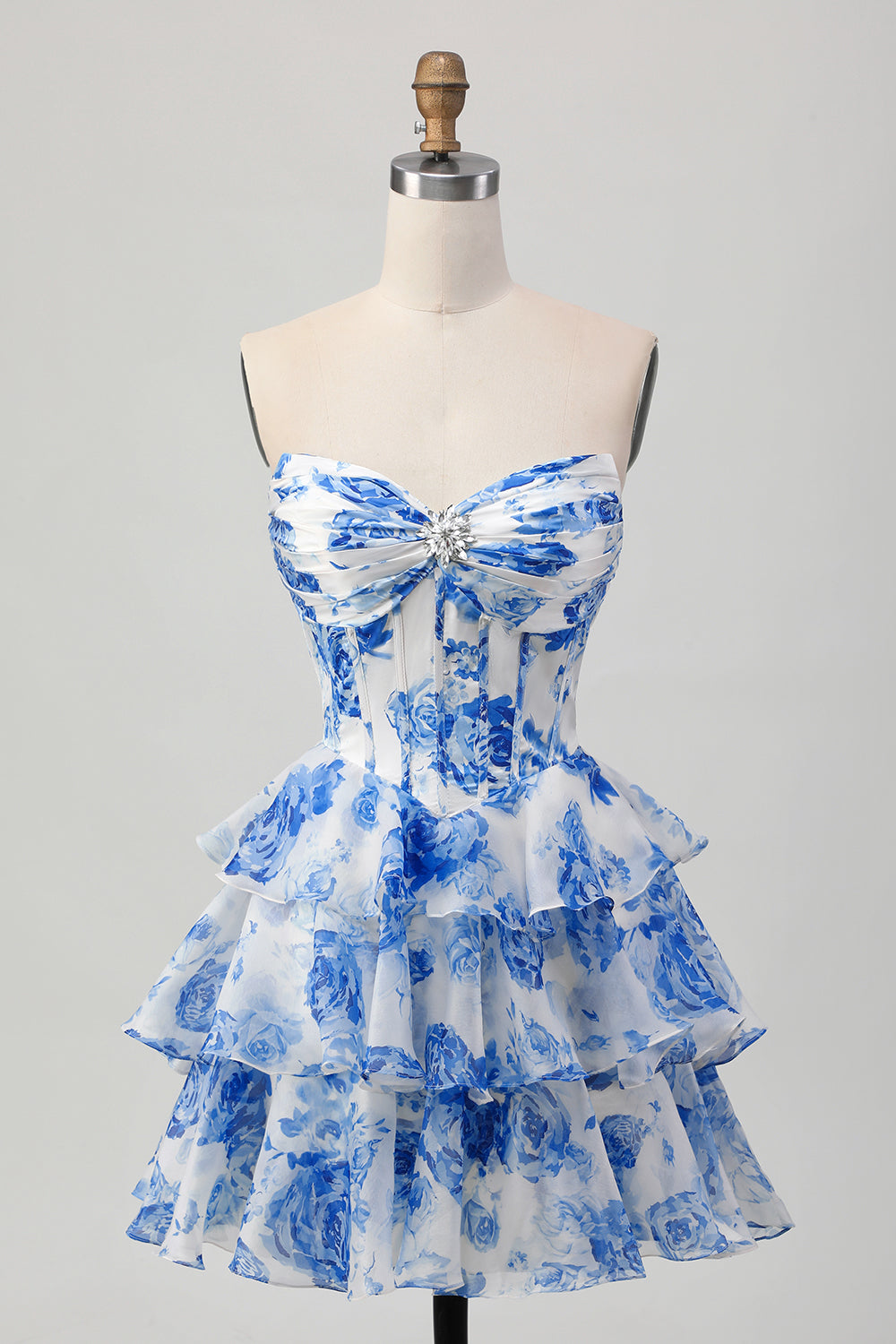 White Blue Flower A-Line Corset Strapless Homecoming Dress With Ruffles
