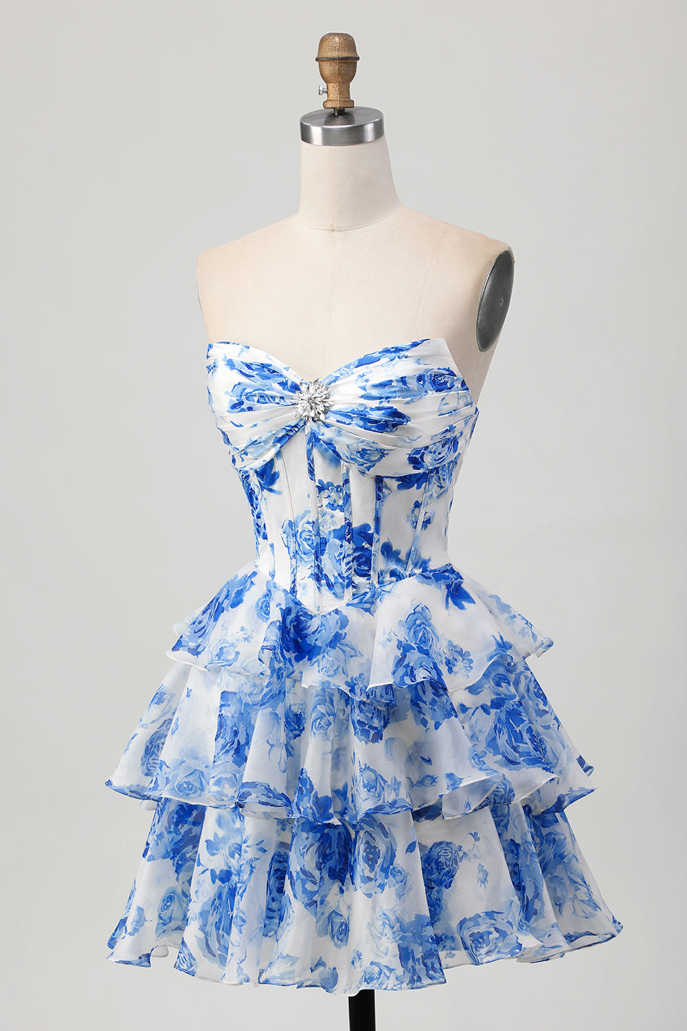 Corset A-Line Sweetheart Tiered White Blue Floral Homecoming Dress