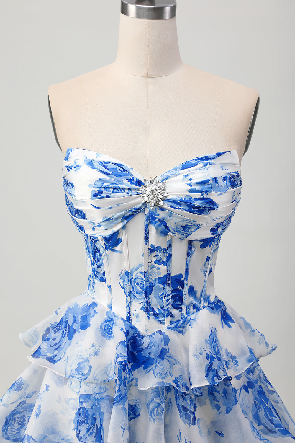 Corset A-Line Sweetheart Tiered White Blue Floral Homecoming Dress