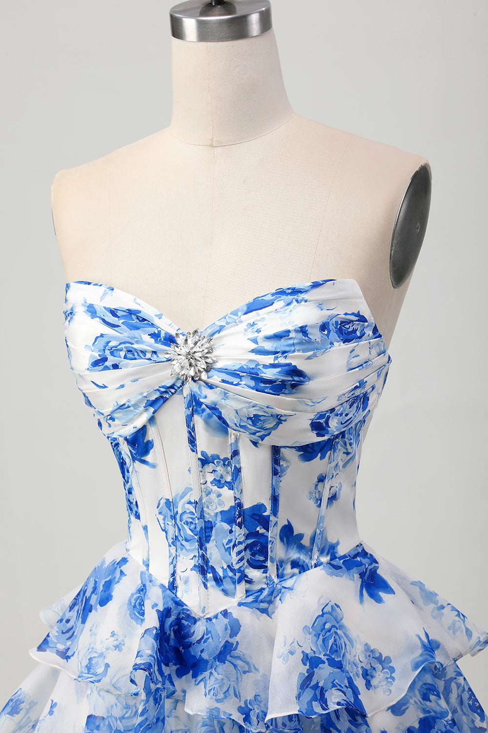 Corset A-Line Sweetheart Tiered White Blue Floral Homecoming Dress