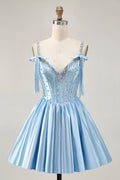Satin Blue Corset A Line Homecoming Dress with Beading