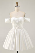 Off The Shoulder A Line Ruched White Homecoming Dress