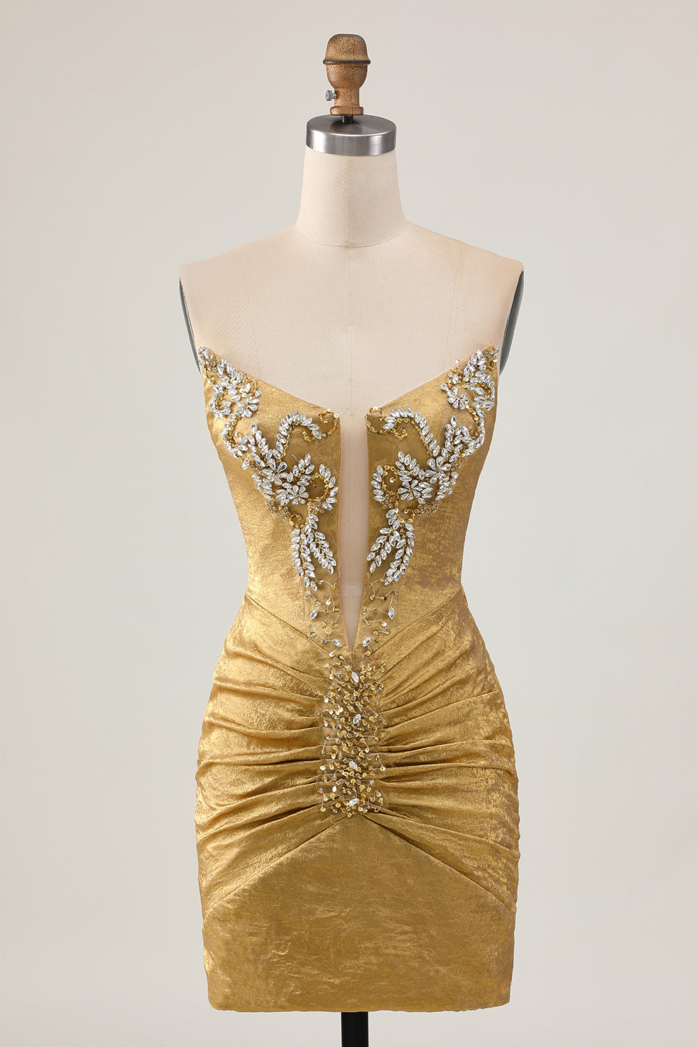 Golden Bodycon Strapless Homecoming Dress With Appliques