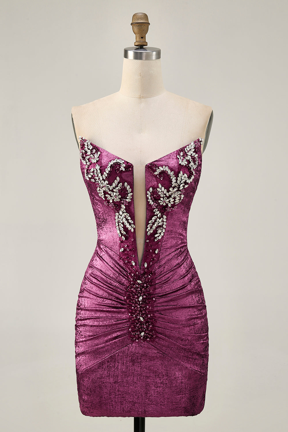 Wine Strapless Ruched Bodycon Homecoming Dress with Rhinestones