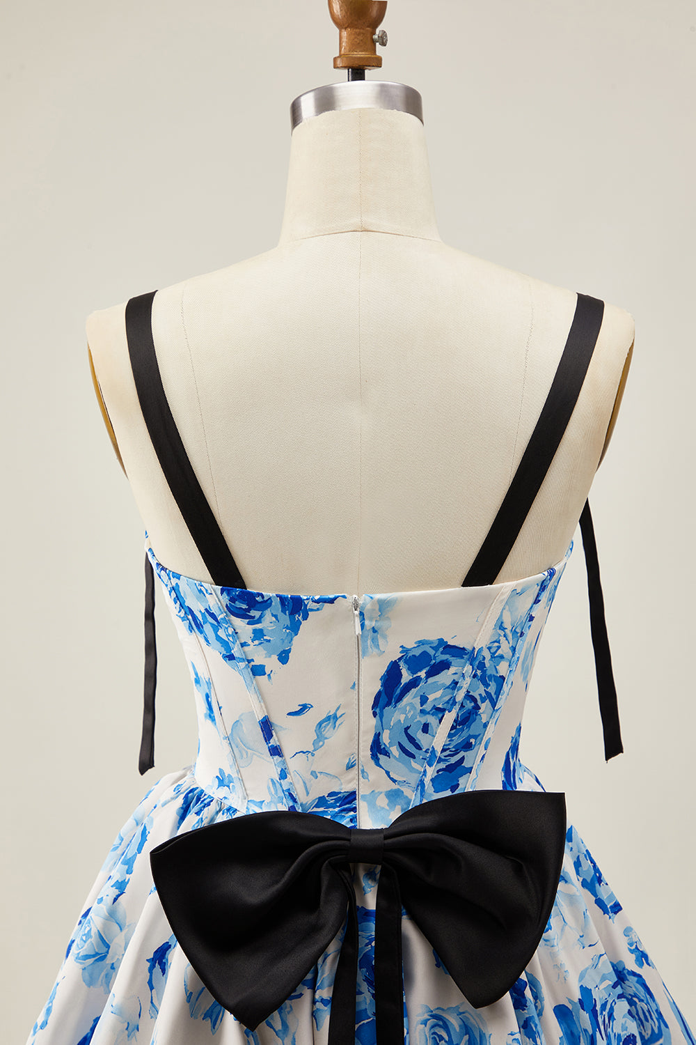 A-Line White Blue Flower Corset Homecoming Dress With Bow