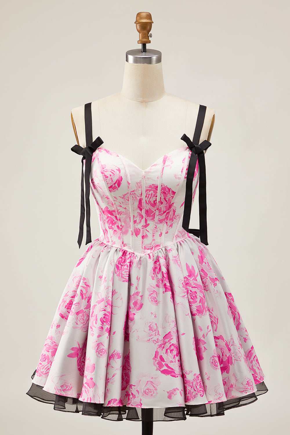 A-Line White Blue Flower Corset Homecoming Dress With Bow