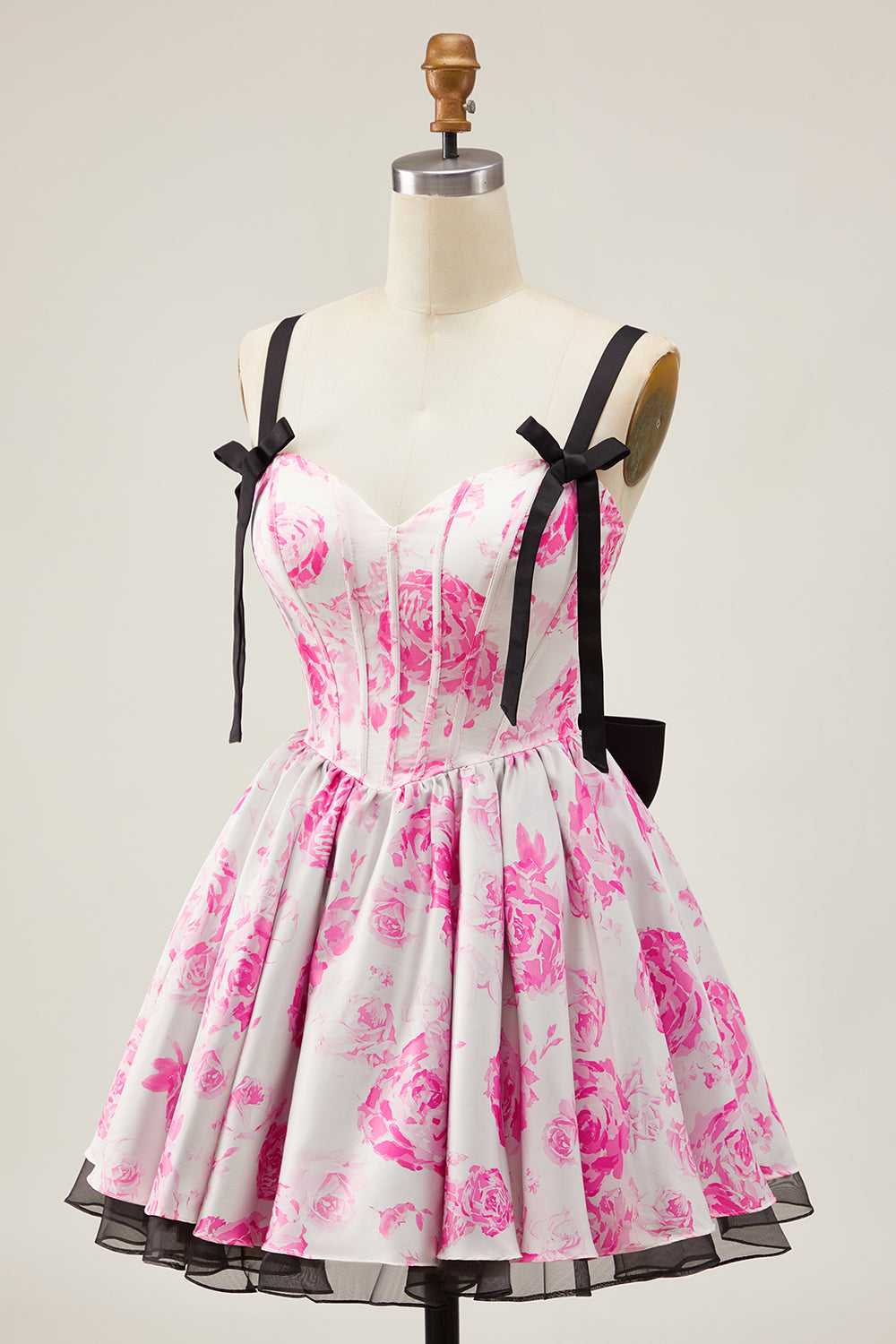 Corset A-Line White Fuchsia Flower Homecoming Dress With Bow