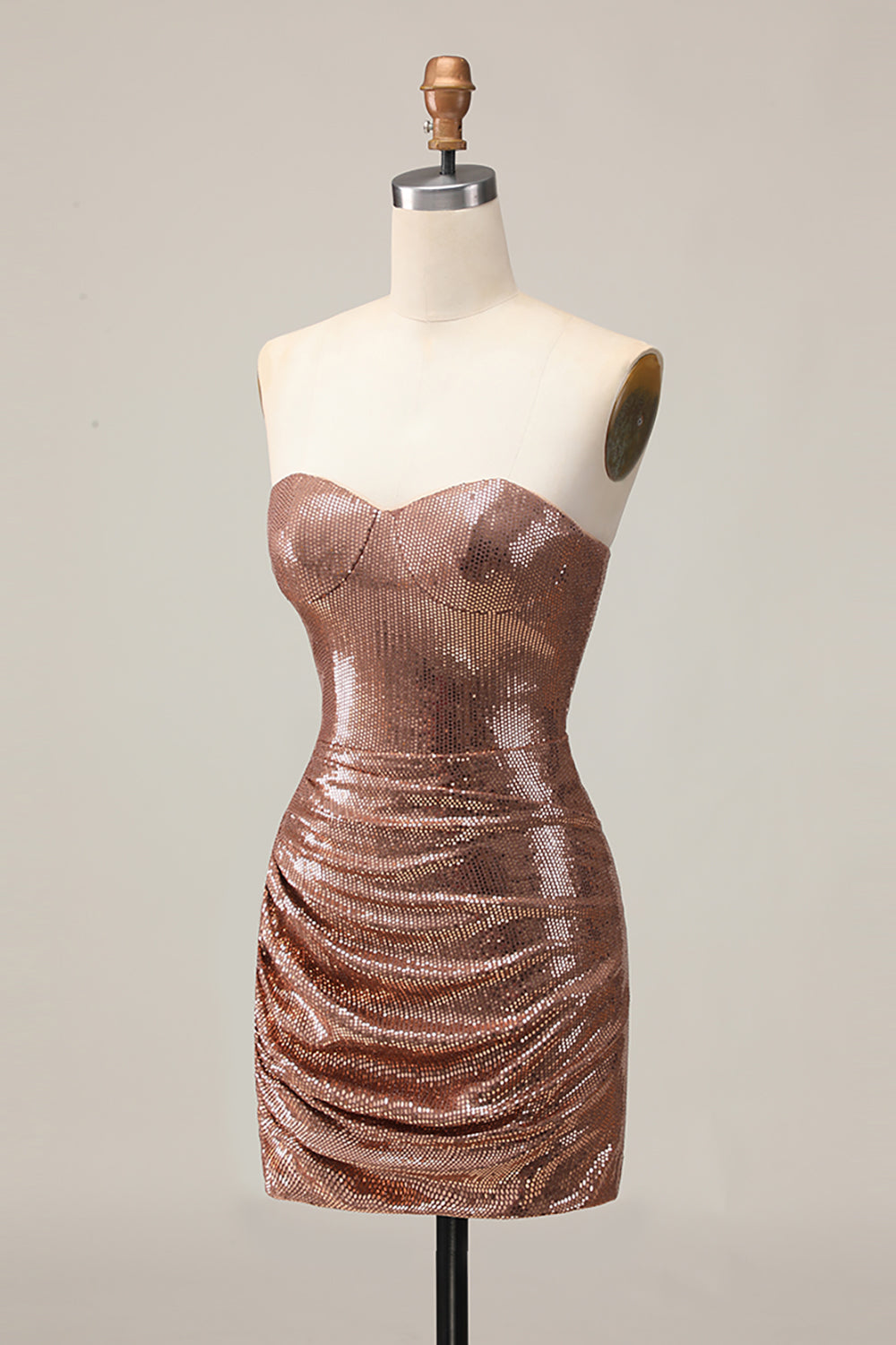 Coffee Strapless Ruched Sequined Bodycon Homecoming Dress