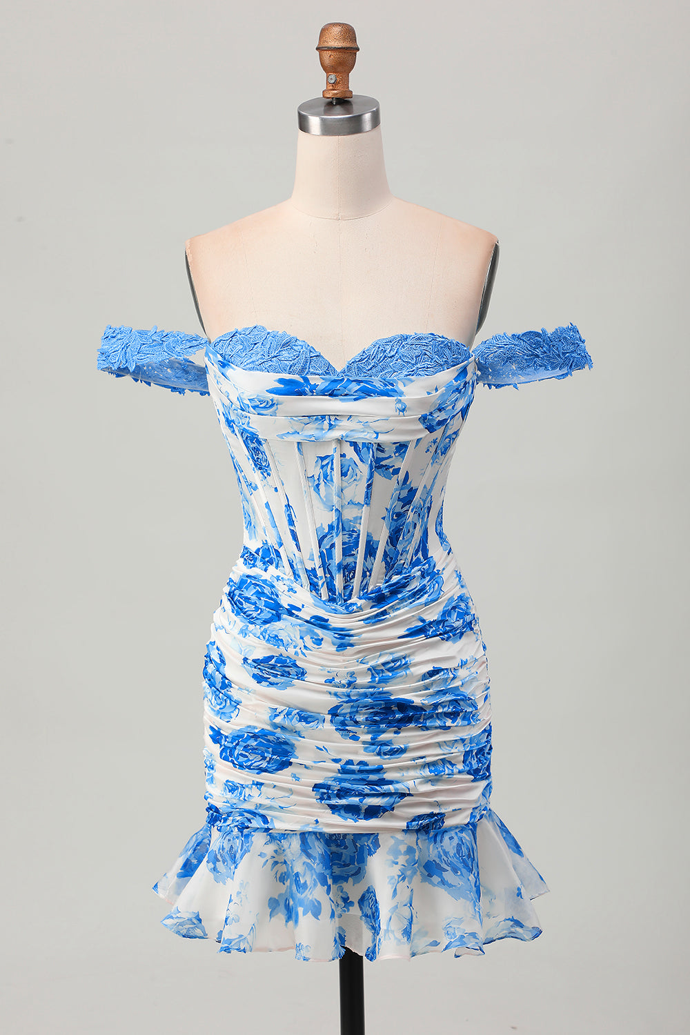 Off The Shoulder White Blue Flower Bodycon Corset Appliqued Homecoming Dress