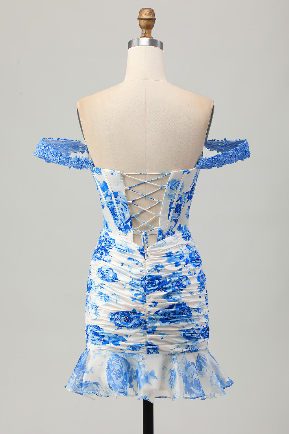 Off The Shoulder White Blue Flower Bodycon Corset Appliqued Homecoming Dress
