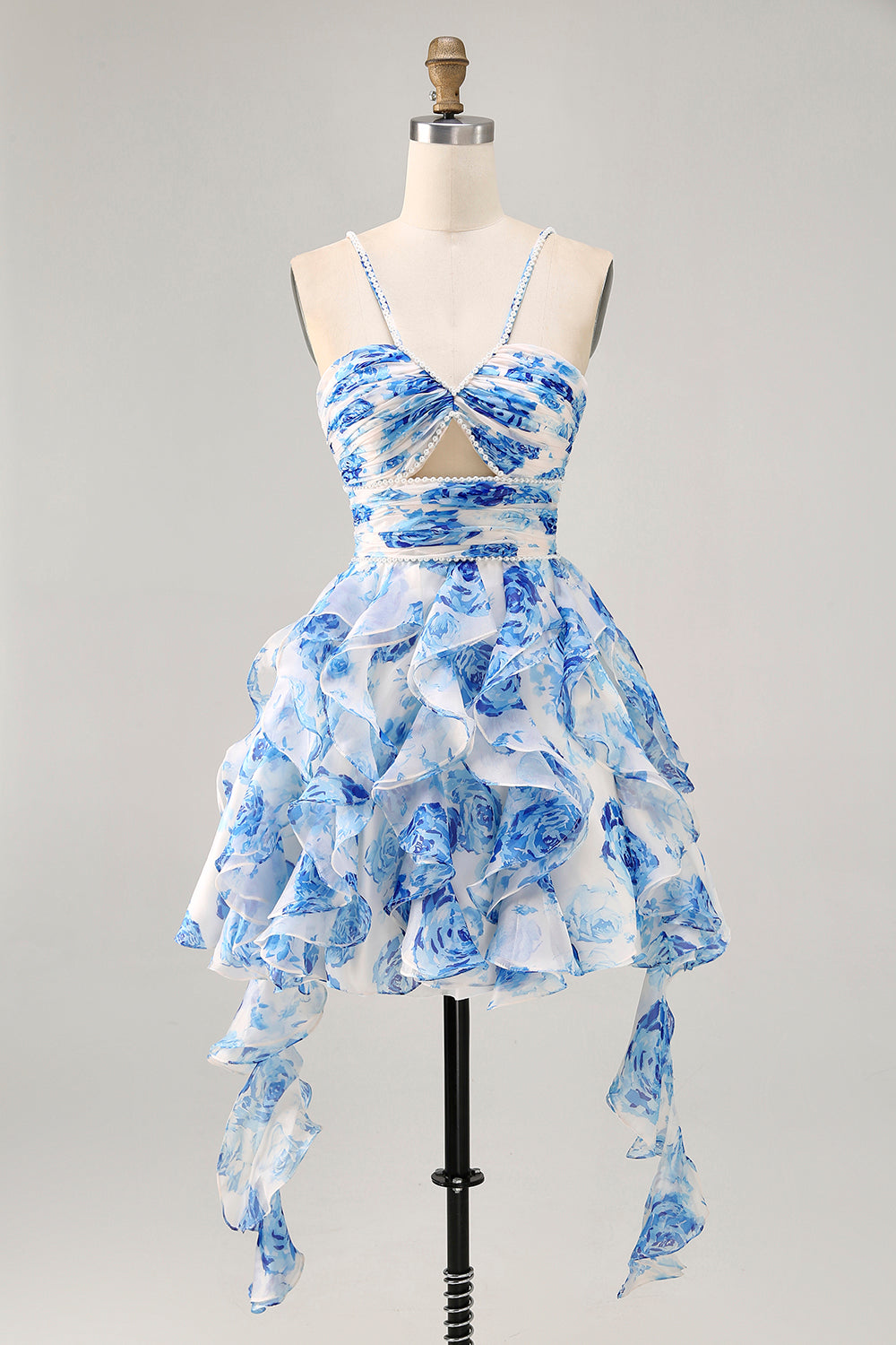 Ruffle Halter White Fuchsia Flower Printed Homecoming Dress with Pearls