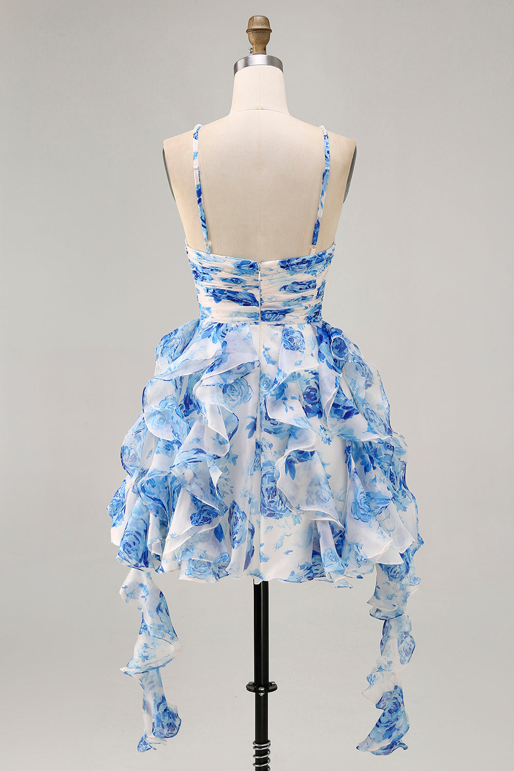 Ruffle Halter White Fuchsia Flower Printed Homecoming Dress with Pearls