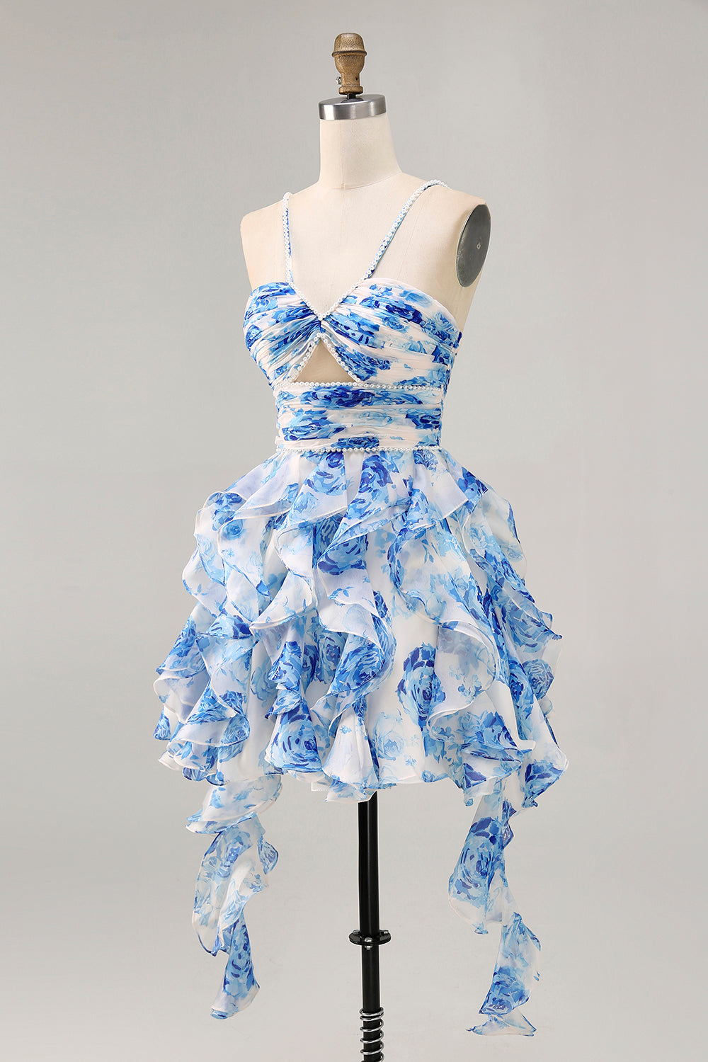 Ruffle Halter White Fuchsia Flower Printed Homecoming Dress with Pearls
