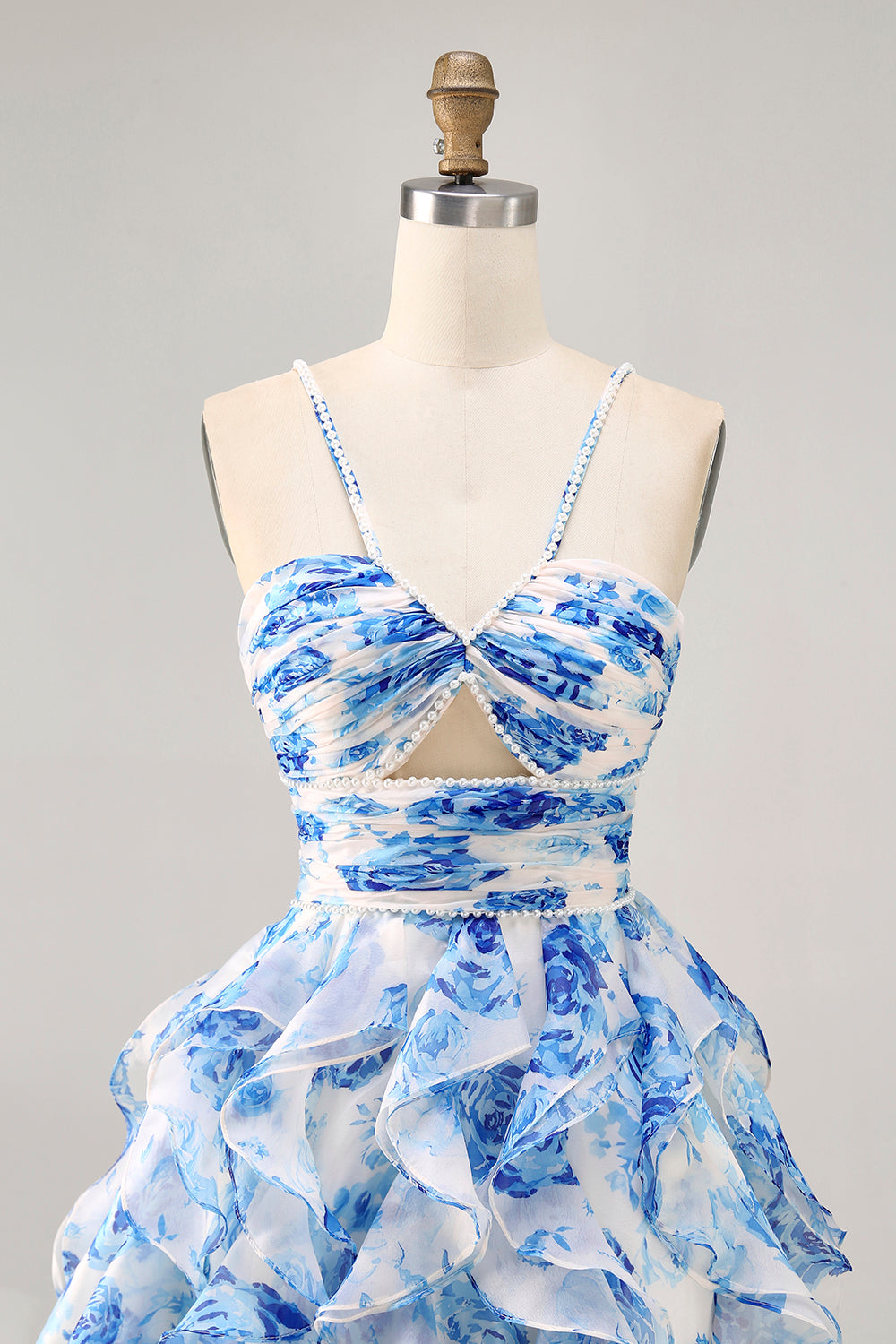 Ruffle Halter White Fuchsia Flower Printed Homecoming Dress with Pearls