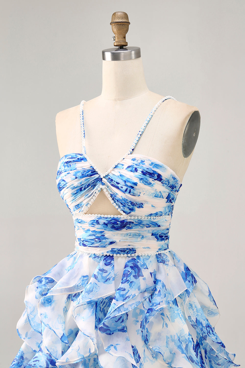 Ruffle Halter White Fuchsia Flower Printed Homecoming Dress with Pearls