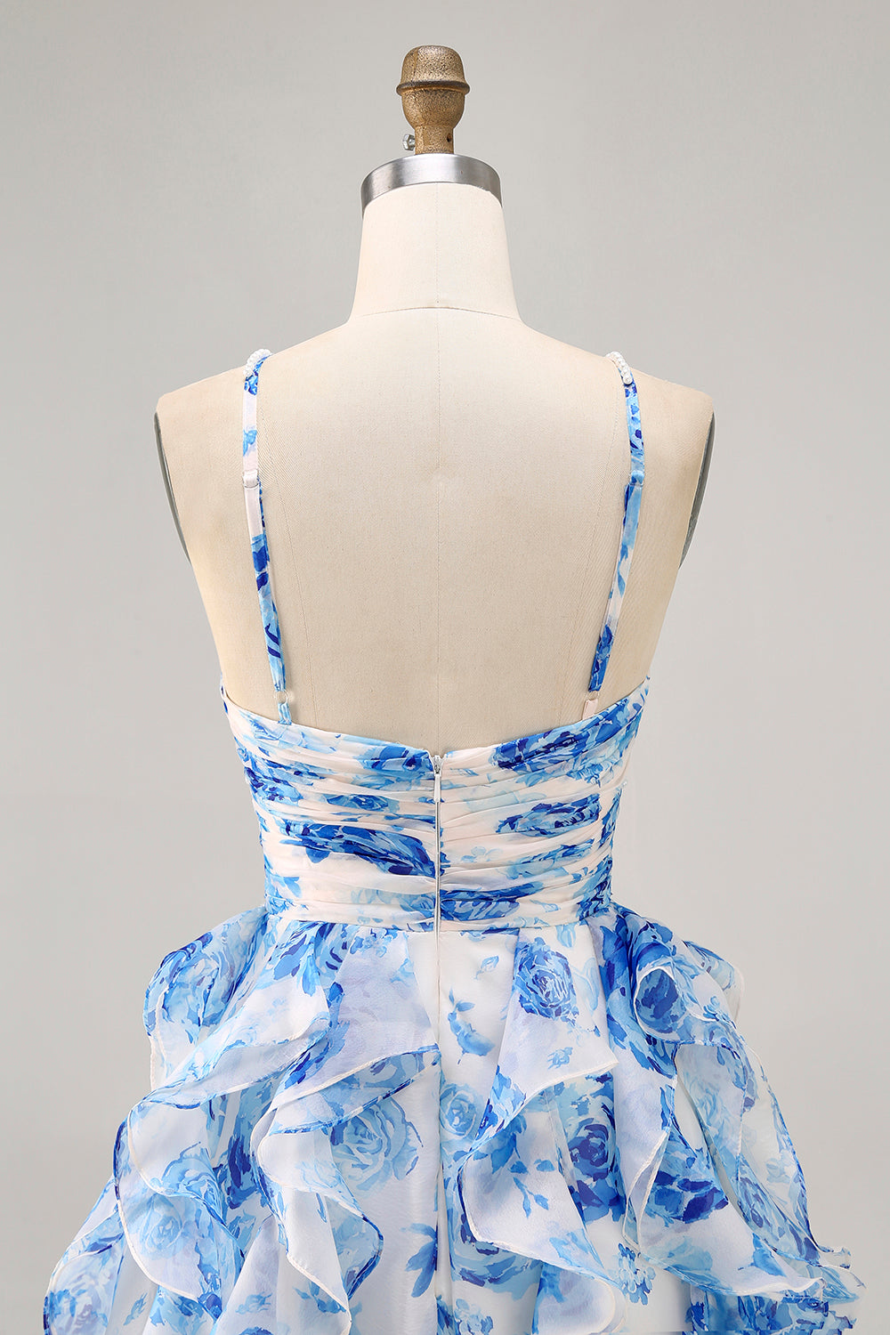 Ruffle Halter White Fuchsia Flower Printed Homecoming Dress with Pearls