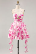 Ruffle Halter White Fuchsia Flower Printed Homecoming Dress with Pearls
