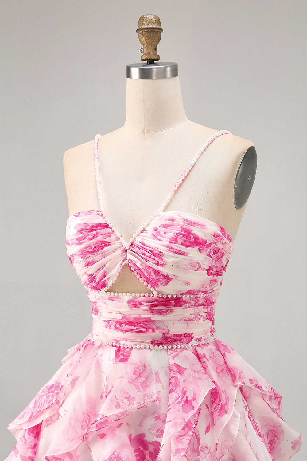 Ruffle Halter White Fuchsia Flower Printed Homecoming Dress with Pearls