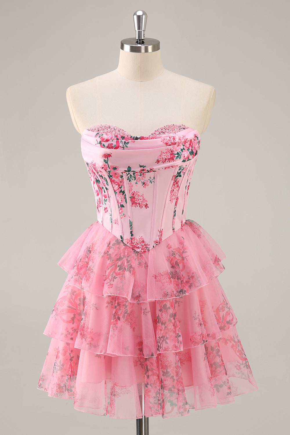 Pink Flower Printed A-Line Sweetheart Corset Homecoming Dress