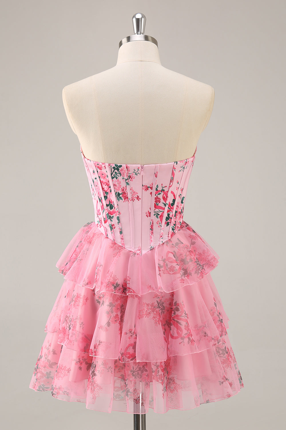 Pink Flower Printed A-Line Sweetheart Corset Homecoming Dress