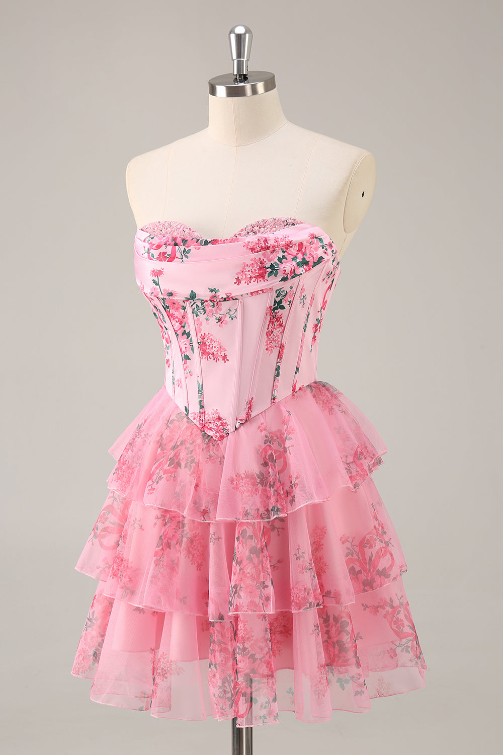 White Blue Flower Corset Tiered Strapless Homecoming Dress