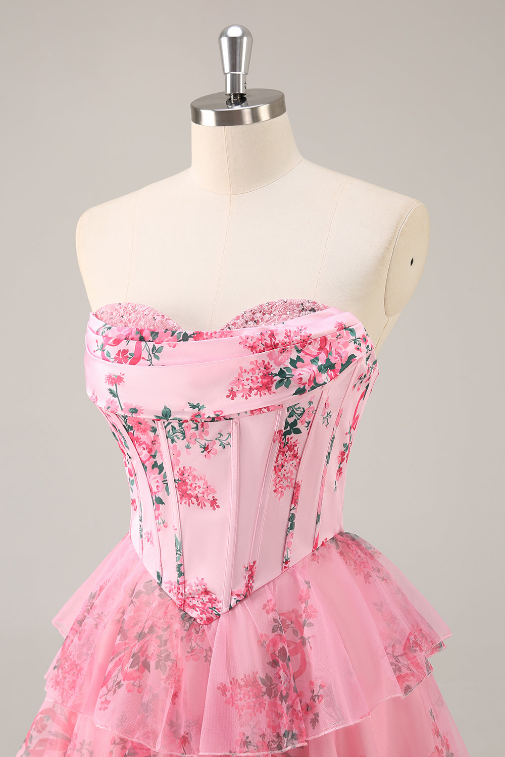 White Blue Flower Corset Tiered Strapless Homecoming Dress