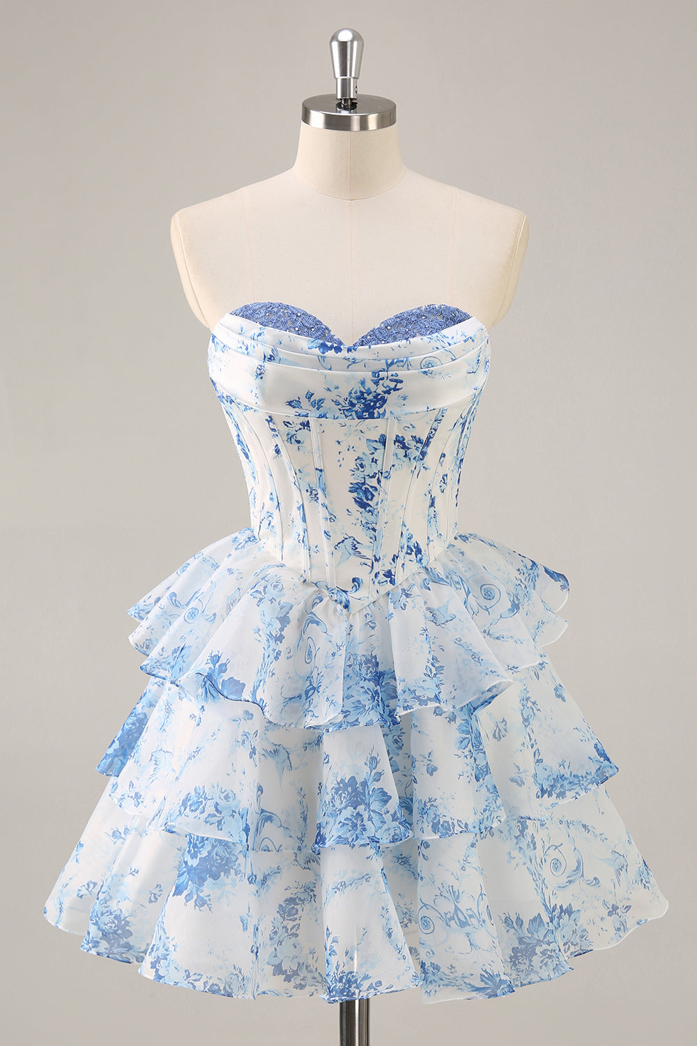 White Blue Flower Corset Tiered Strapless Homecoming Dress