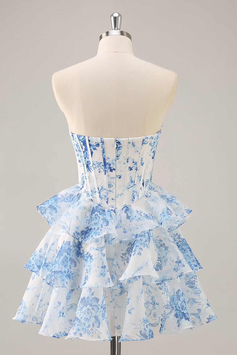 White Blue Flower Corset Tiered Strapless Homecoming Dress