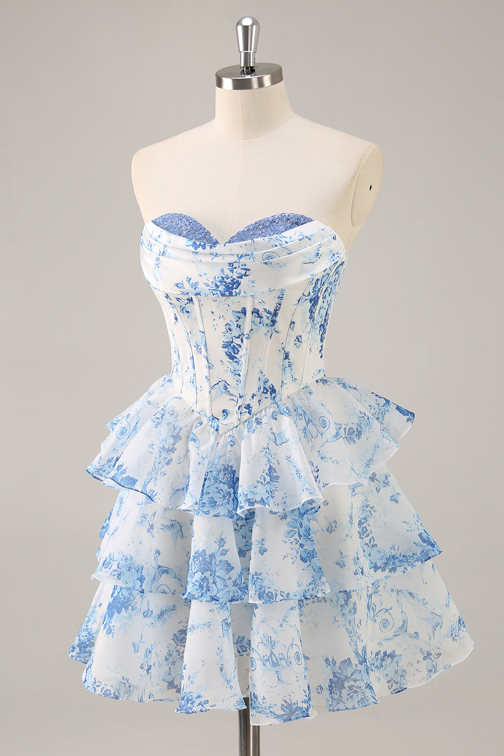 Floral A Line Strapless Corset Tiered Pink Homecoming Dress