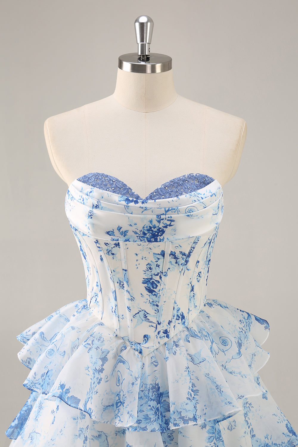 White Blue Flower Corset Tiered Strapless Homecoming Dress