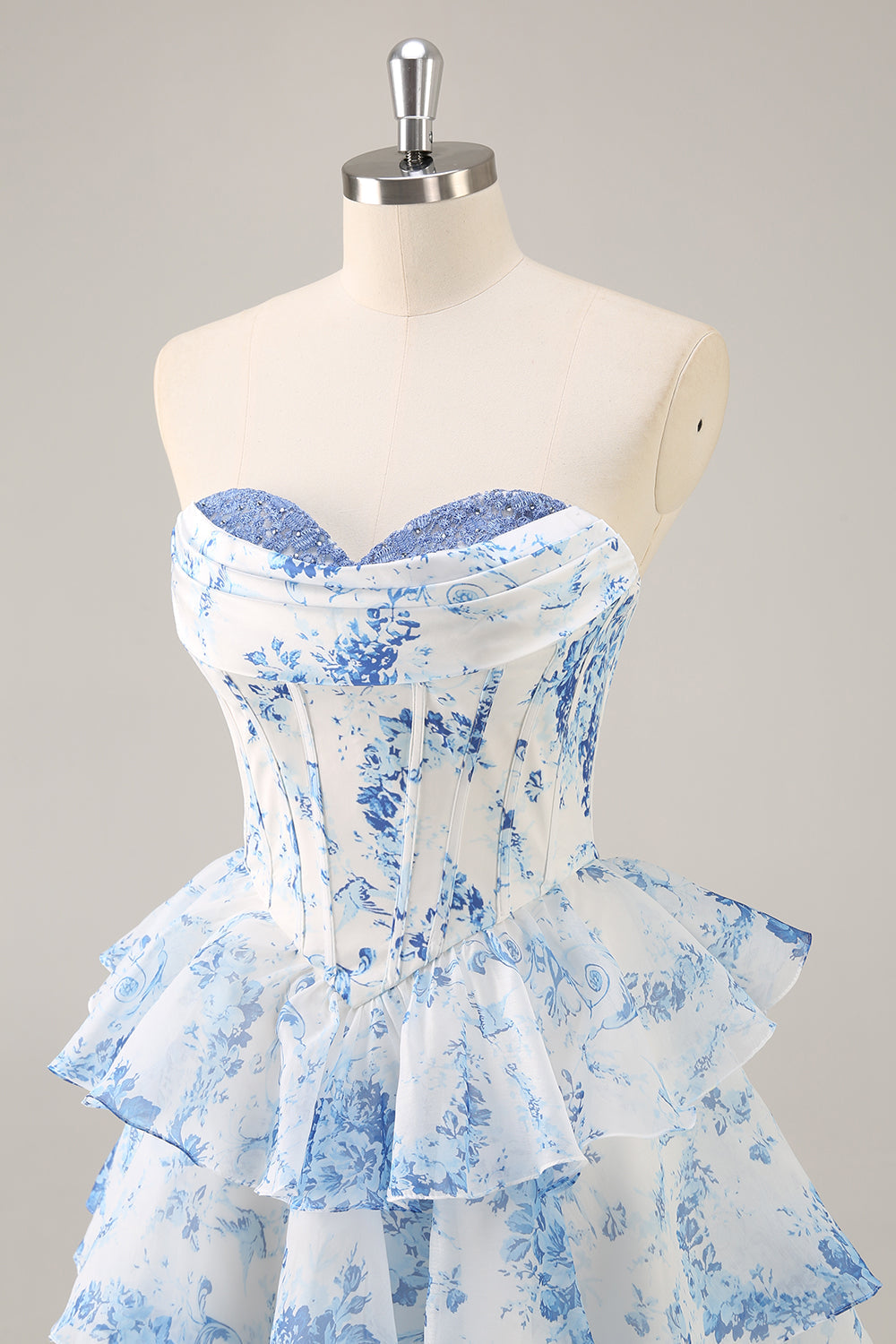 White Blue Flower Corset Tiered Strapless Homecoming Dress