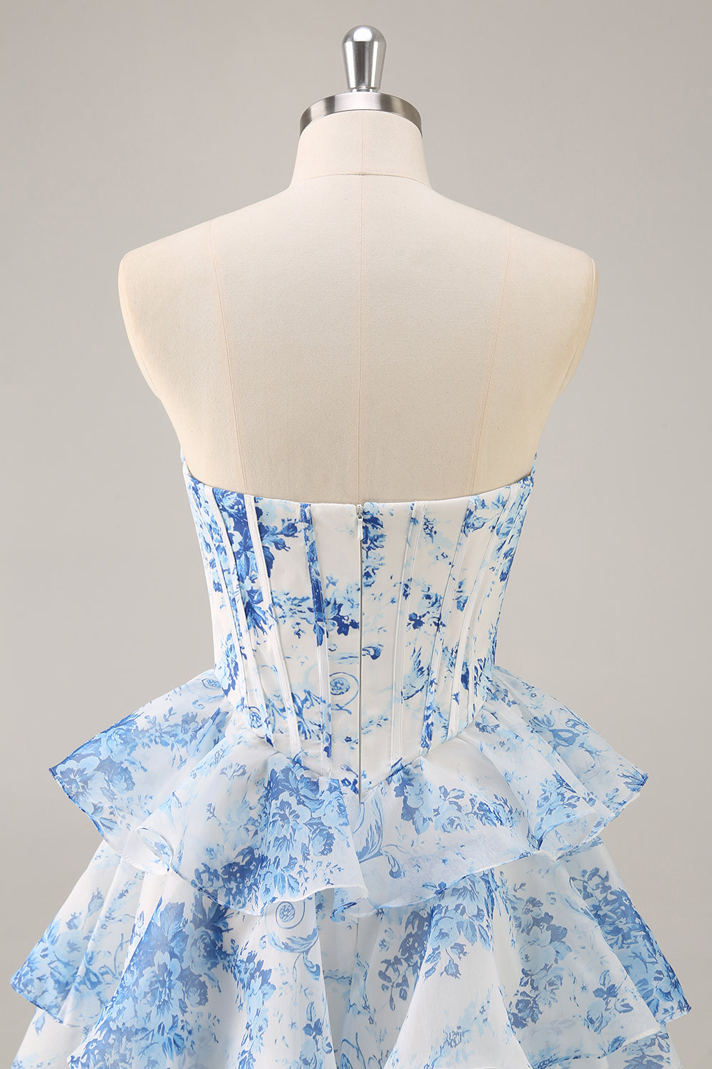 White Blue Flower Corset Tiered Strapless Homecoming Dress