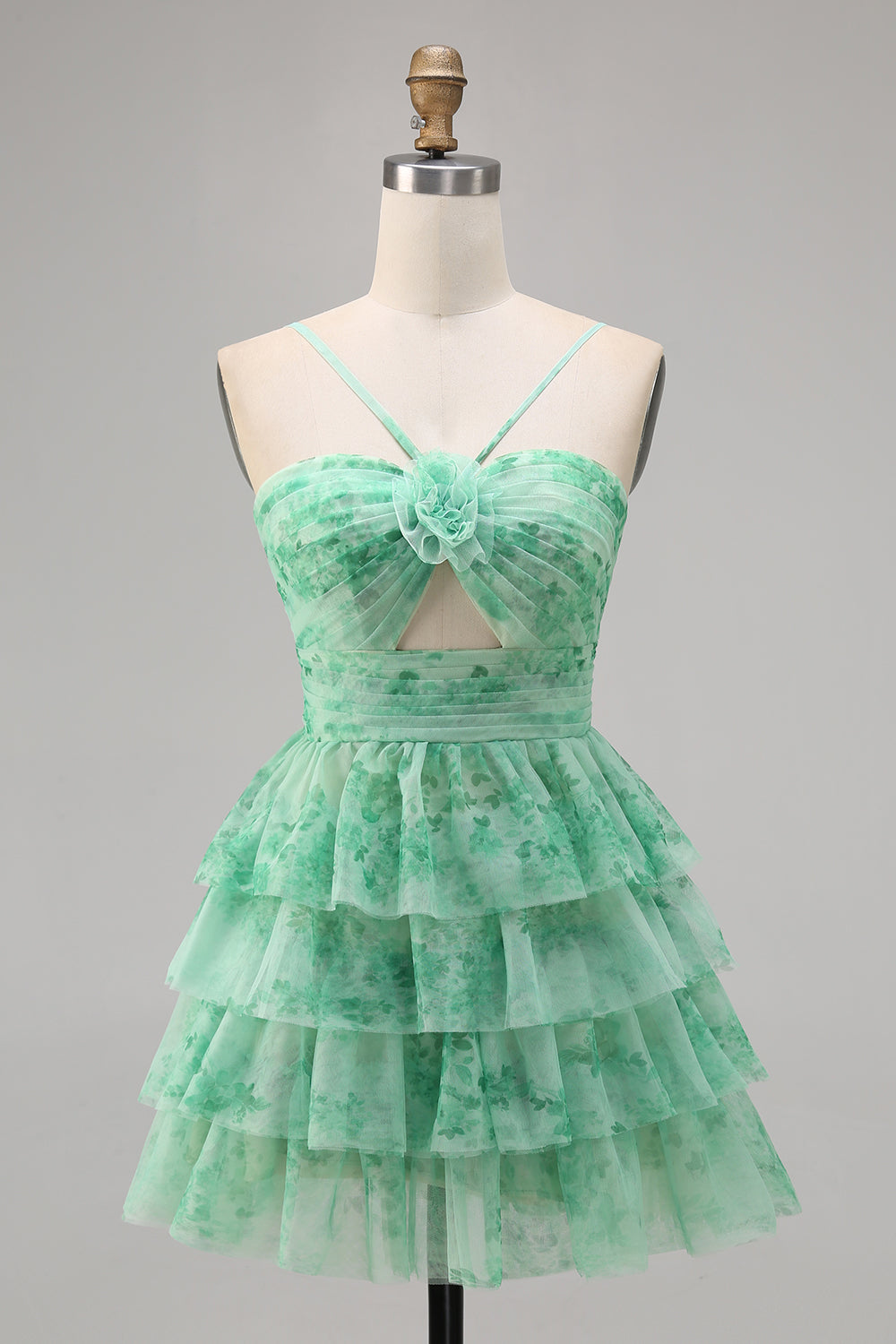 White Blue Flower A-Line Tiered Cut Out Short Homecoming Dress