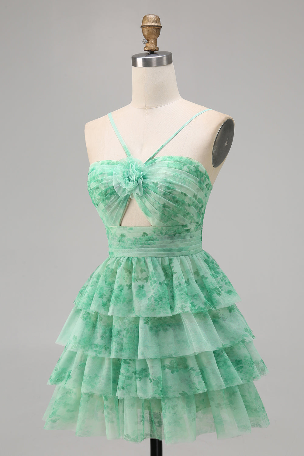 White Blue Flower A-Line Tiered Cut Out Short Homecoming Dress