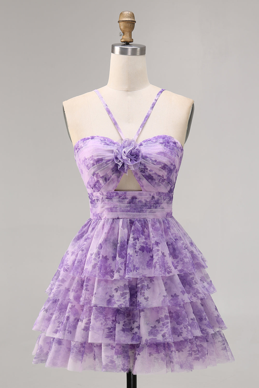 White Blue Flower A-Line Tiered Cut Out Short Homecoming Dress