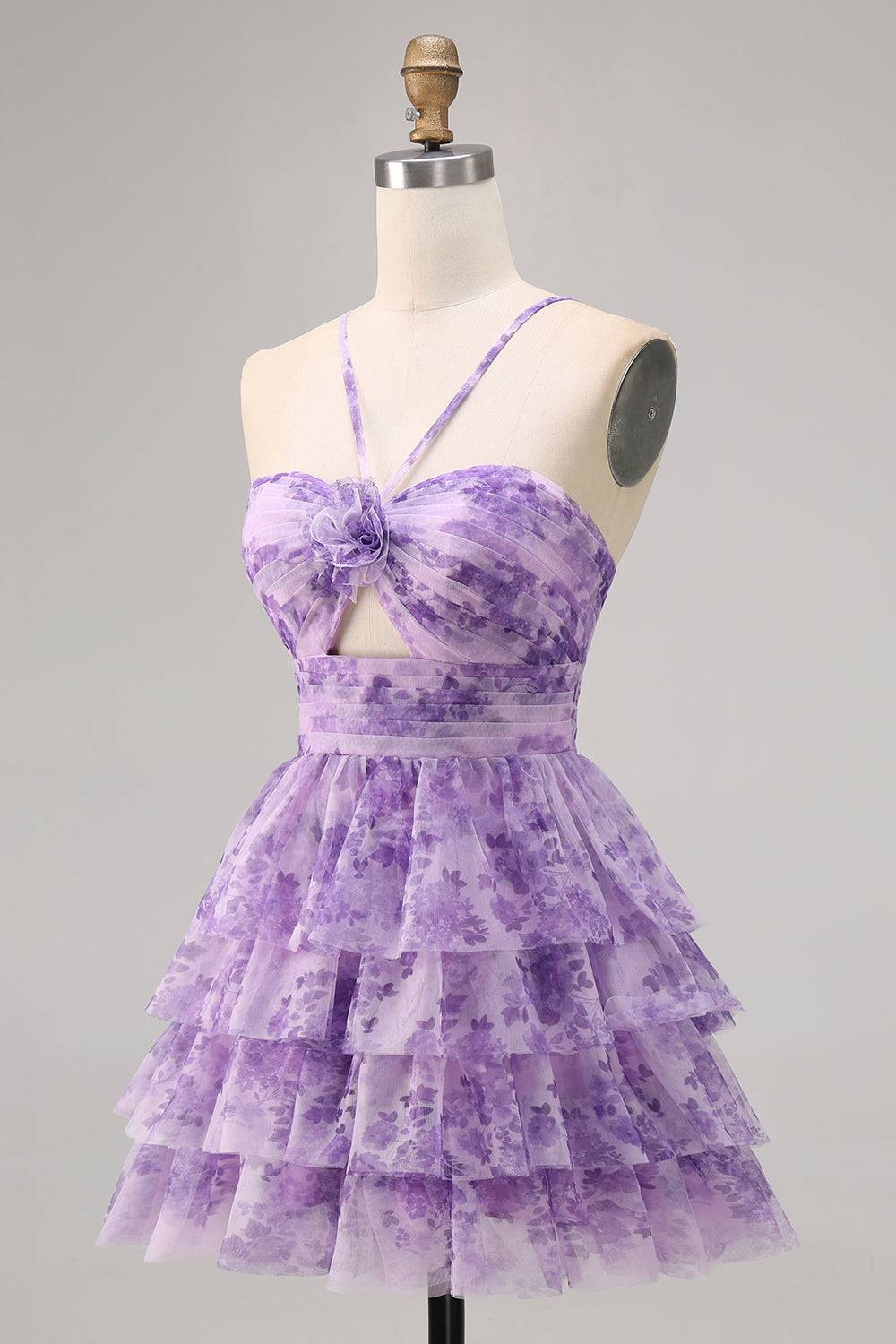Floral Halter A-Line Cut Out White Blue Homecoming Dress