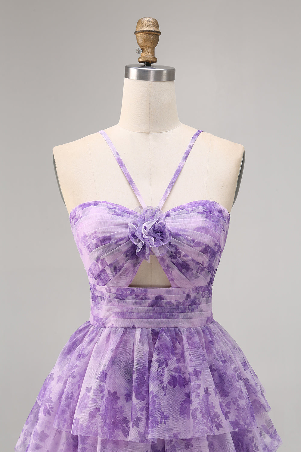 Floral Halter A-Line Cut Out White Blue Homecoming Dress