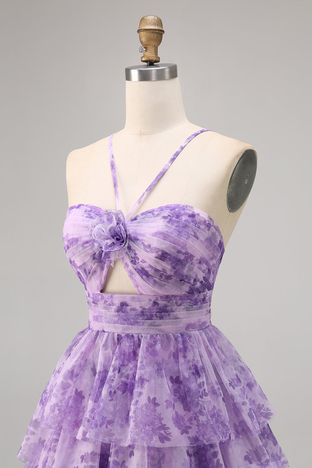 Floral Halter A-Line Cut Out White Blue Homecoming Dress