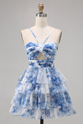 White Blue Flower A-Line Tiered Cut Out Short Homecoming Dress