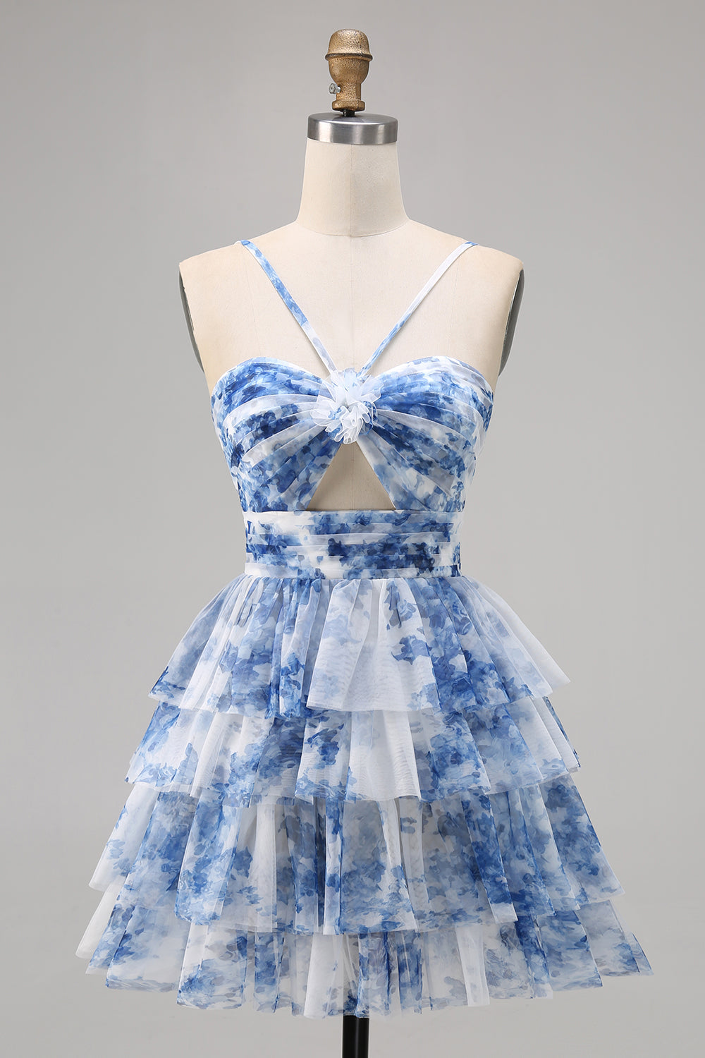 Floral Halter A-Line Cut Out White Blue Homecoming Dress