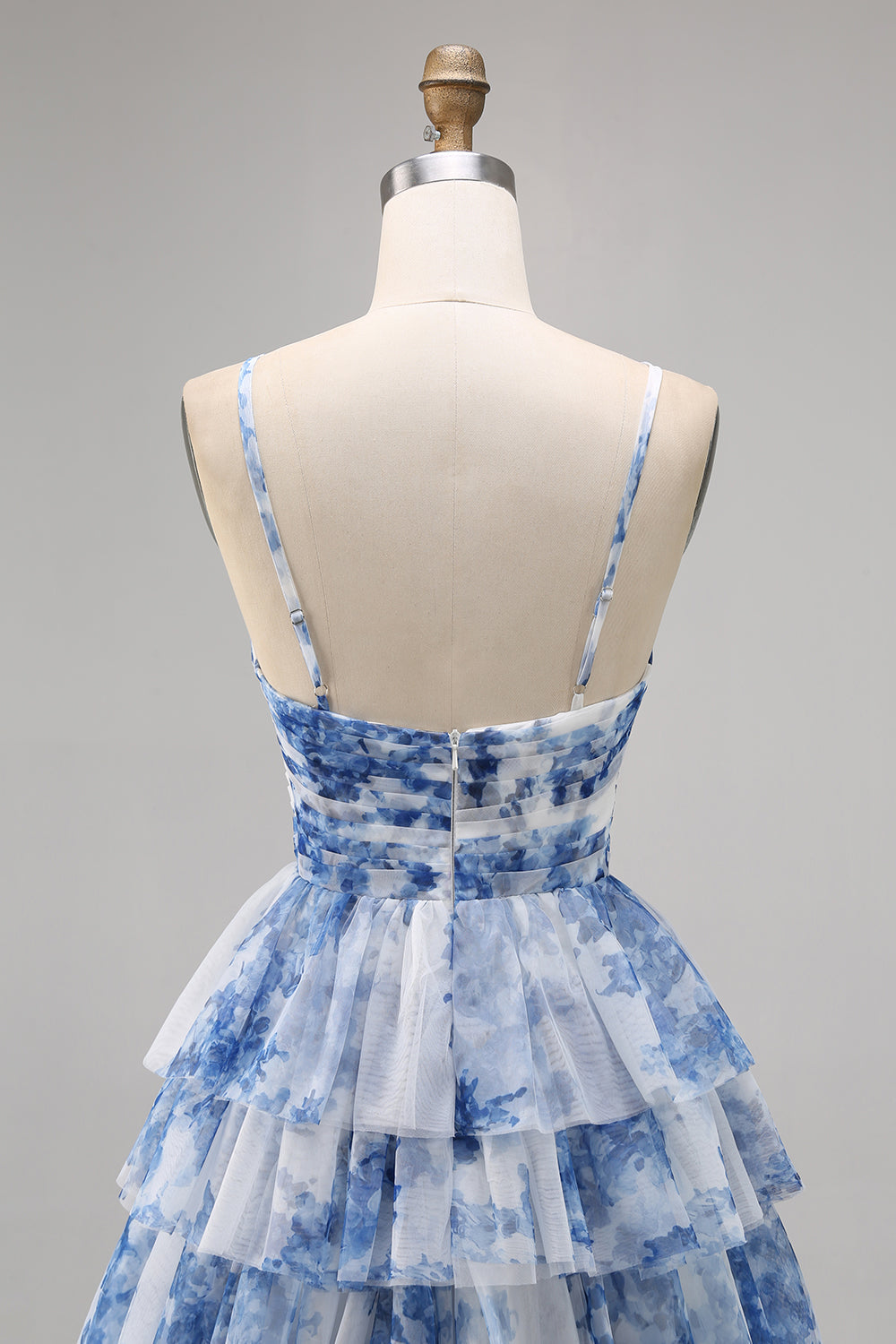 White Blue Flower A-Line Tiered Cut Out Short Homecoming Dress