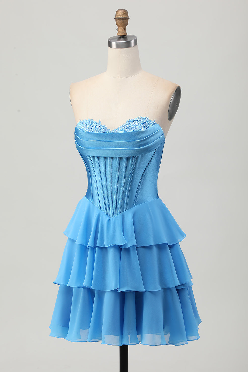 Blue Corset Strapless Tiered A Line Homecoming Dress