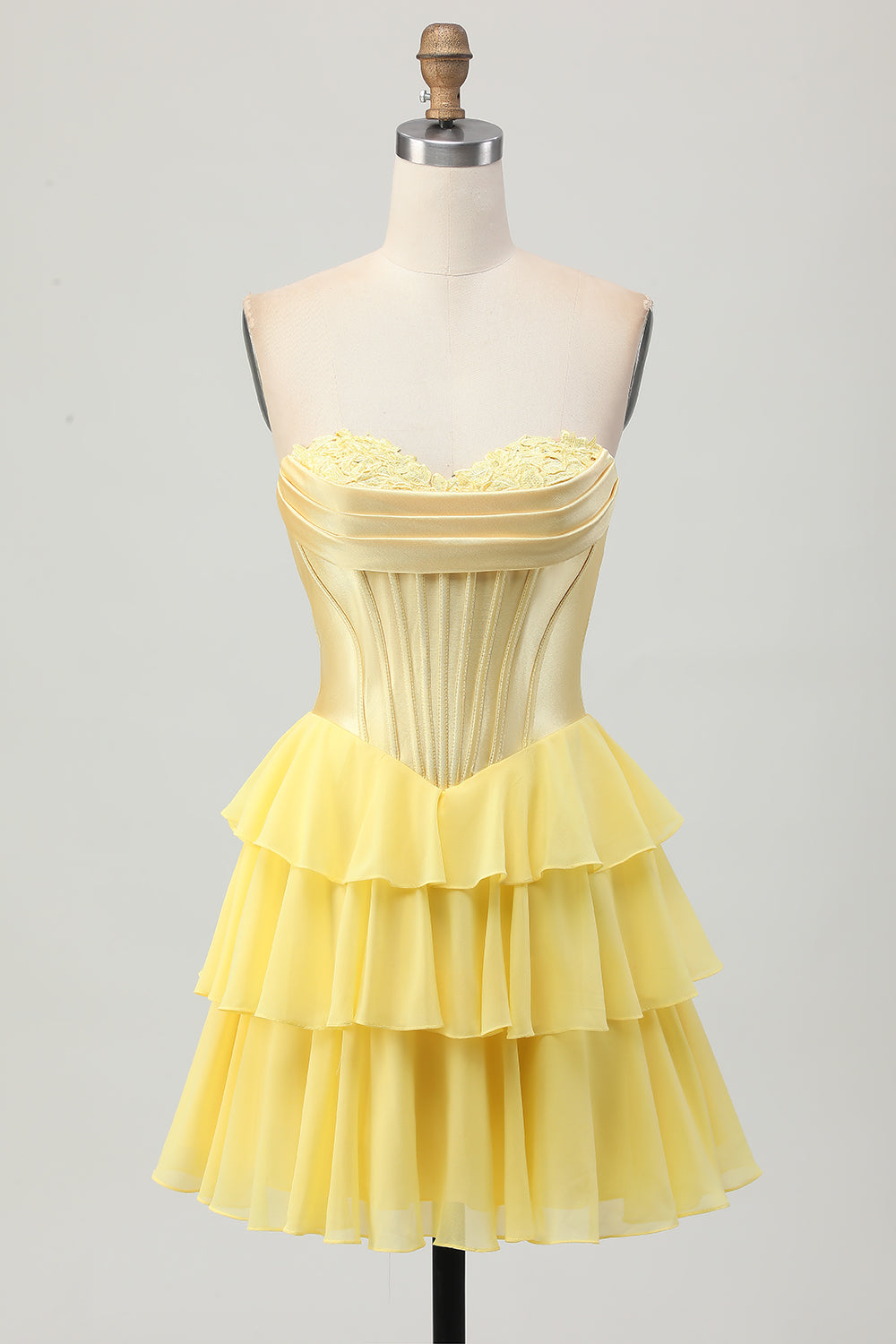 Strapless Corset A Line Tiered Yellow Homecoming Dress