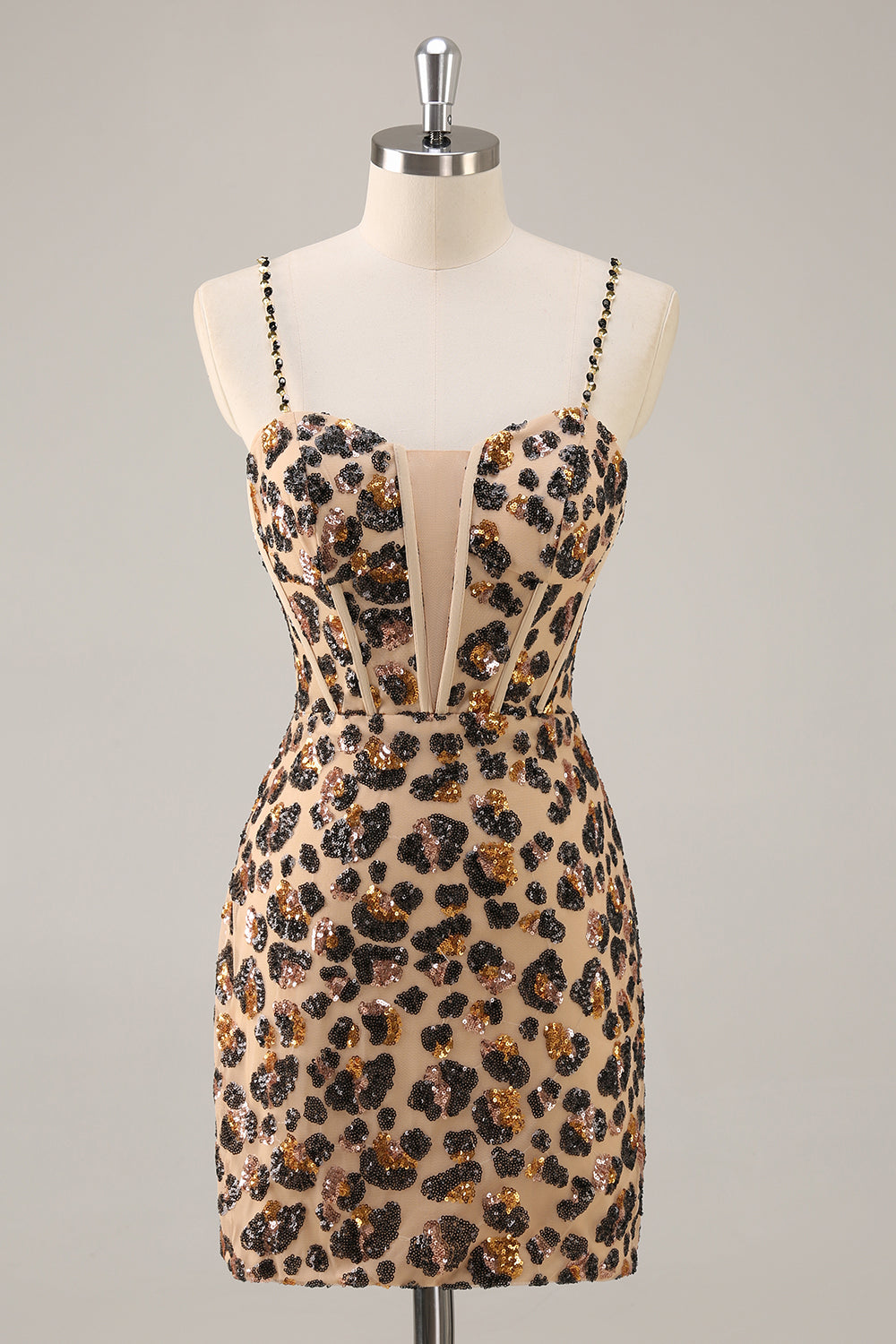 Khaki Leopard Corset Bodycon Short Homecoming Dress with Sequins