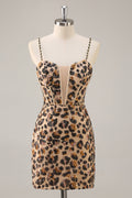 Khaki Leopard Corset Bodycon Short Homecoming Dress with Sequins
