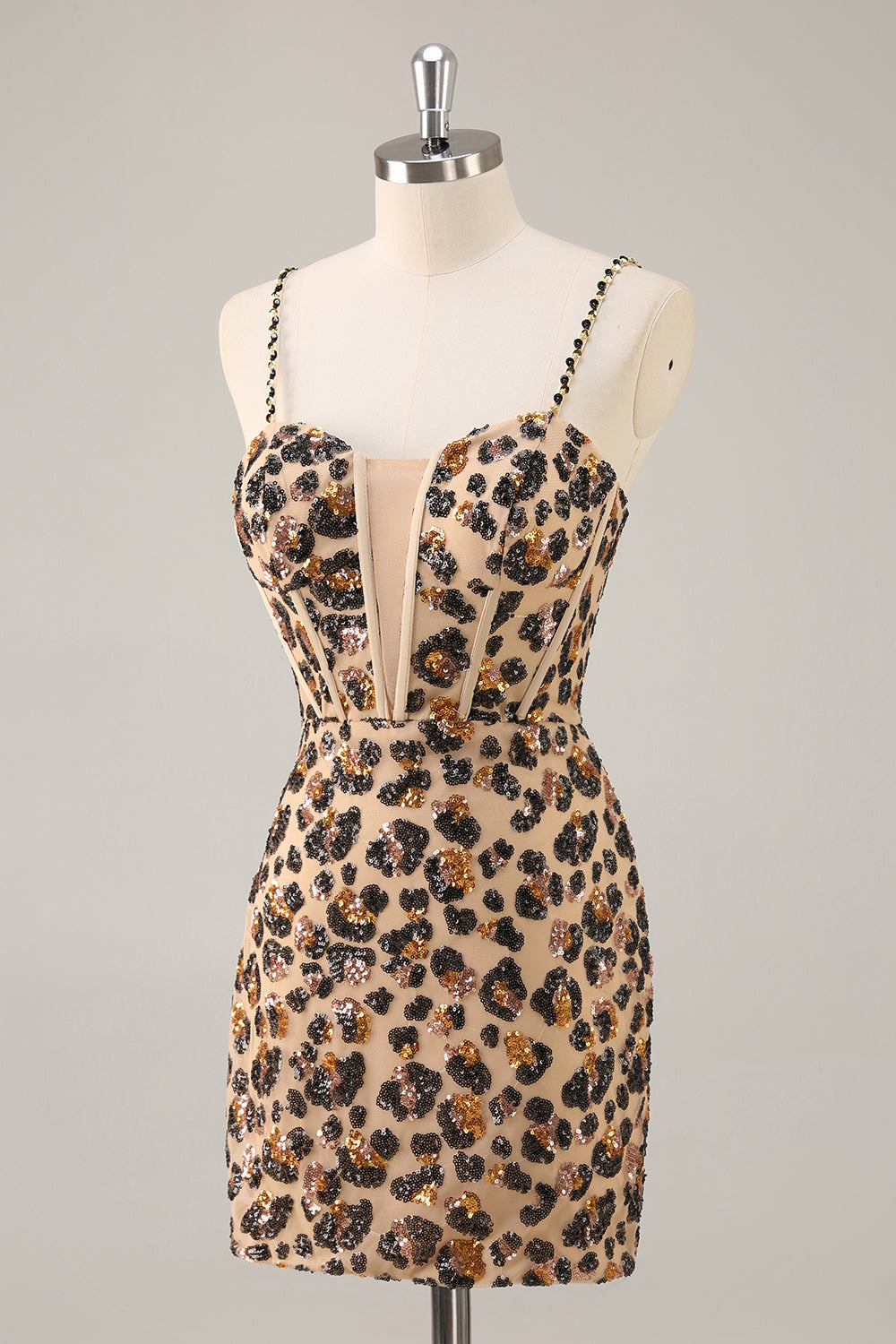 Khaki Leopard Corset Bodycon Short Homecoming Dress with Sequins